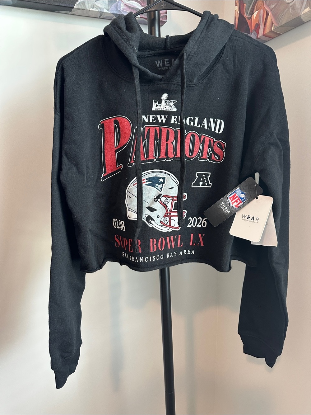 WEAR by Erin Andrews Black New England Patriots Super Bowl LX Cropped Hoodie